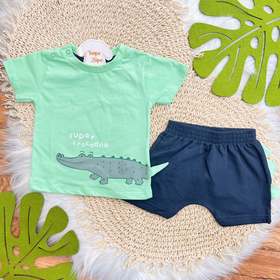 Conj. Camiseta Super Crocodilo e Bermuda - Verde e Marinho